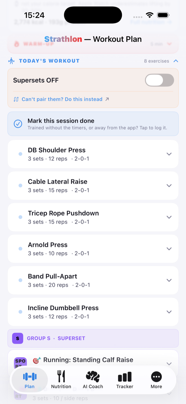 Strathlon Plan tab showing today's session with warm-up, workout and HIIT sections