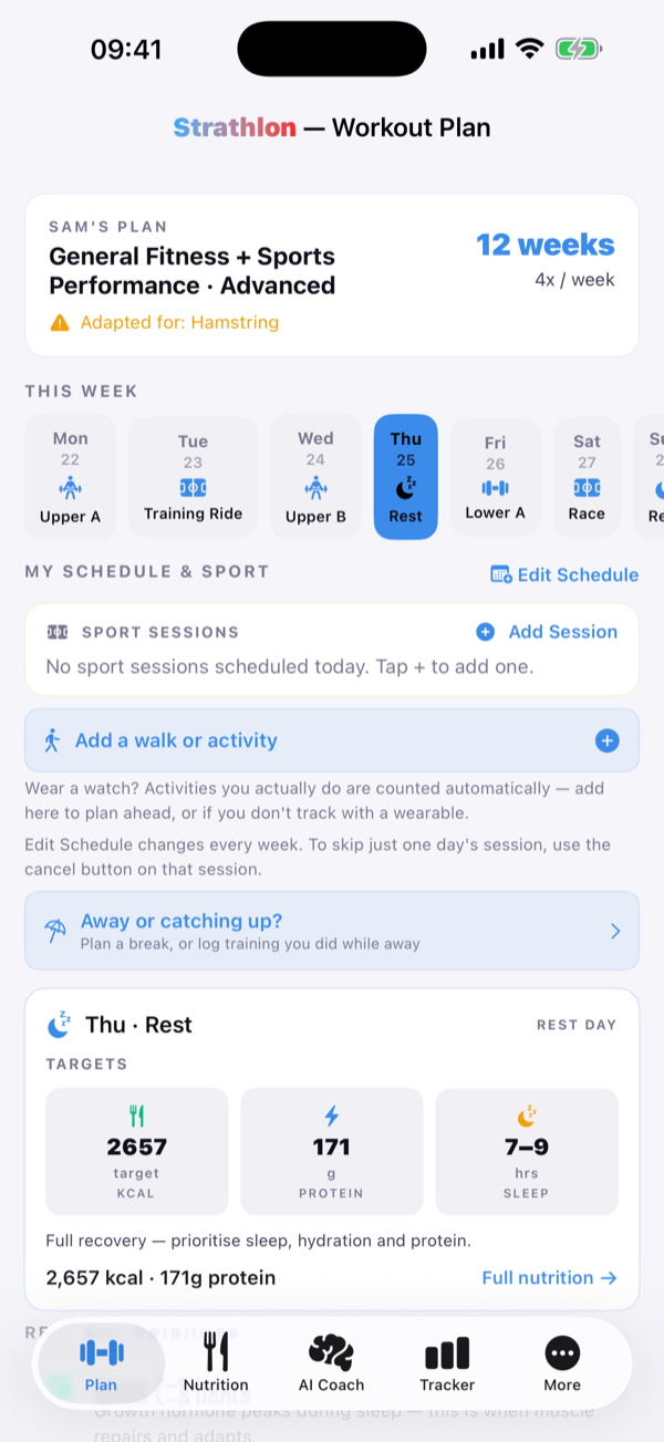 Strathlon food logging screen estimating calories and macros from a meal