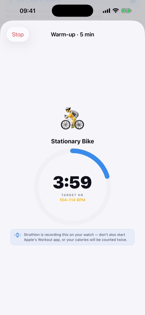 Strathlon Apple Watch screen showing live heart rate during a session