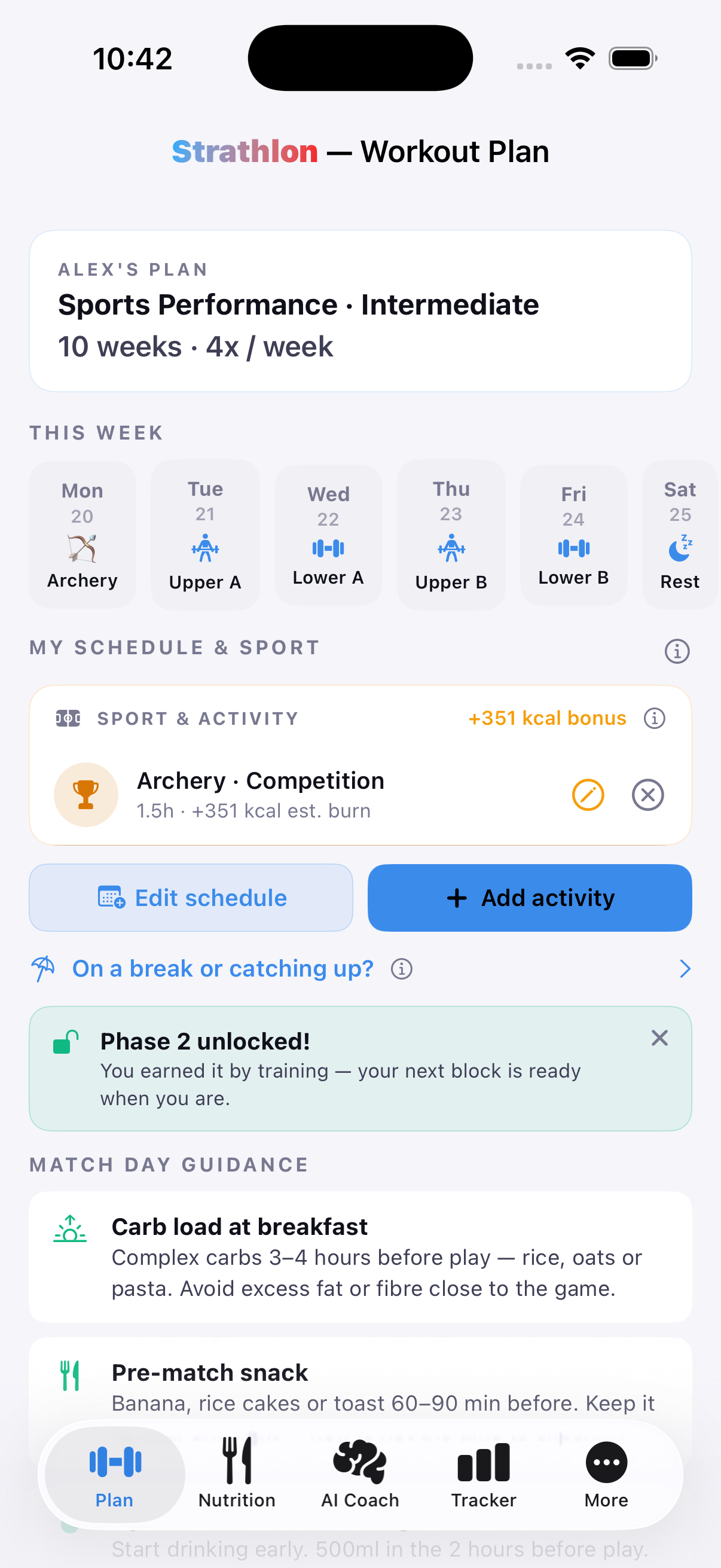 Strathlon's Plan tab with an archery session scheduled, showing its estimated calorie burn for the day.