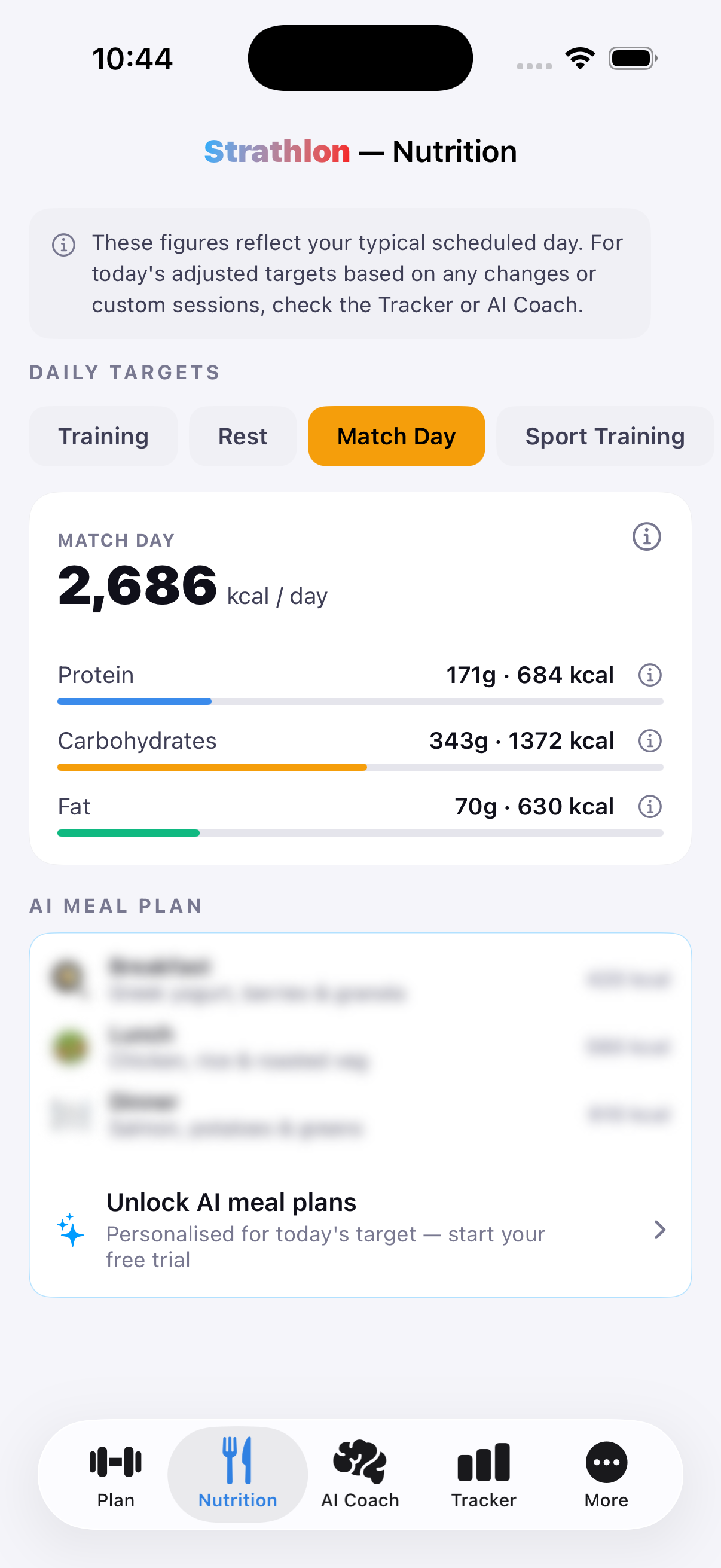 Strathlon's Nutrition tab showing cricket match-day calorie and macro targets