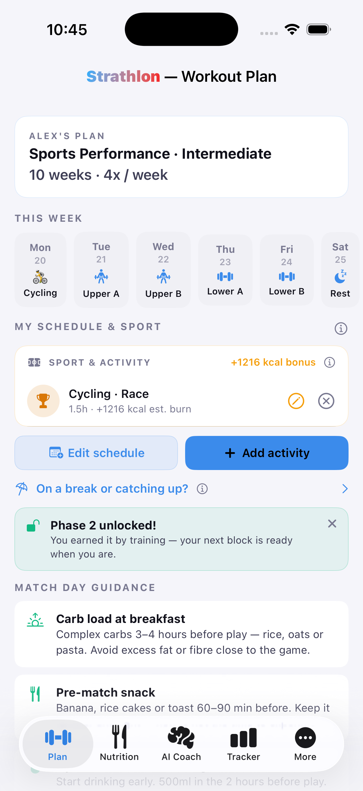 Strathlon's Plan tab with a cycling session scheduled, showing its estimated calorie burn for the day