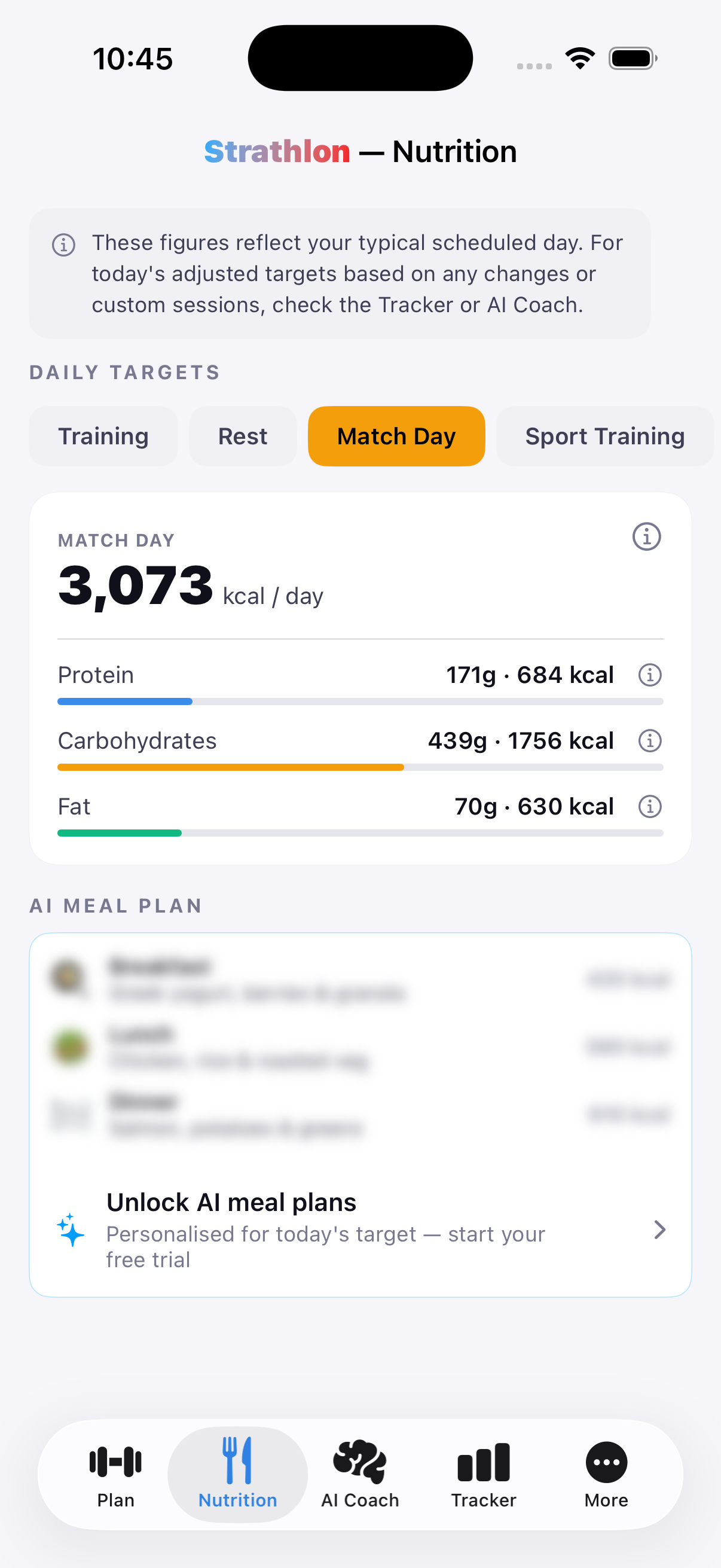 Strathlon's Nutrition tab showing fencing competition-day calorie and macro targets