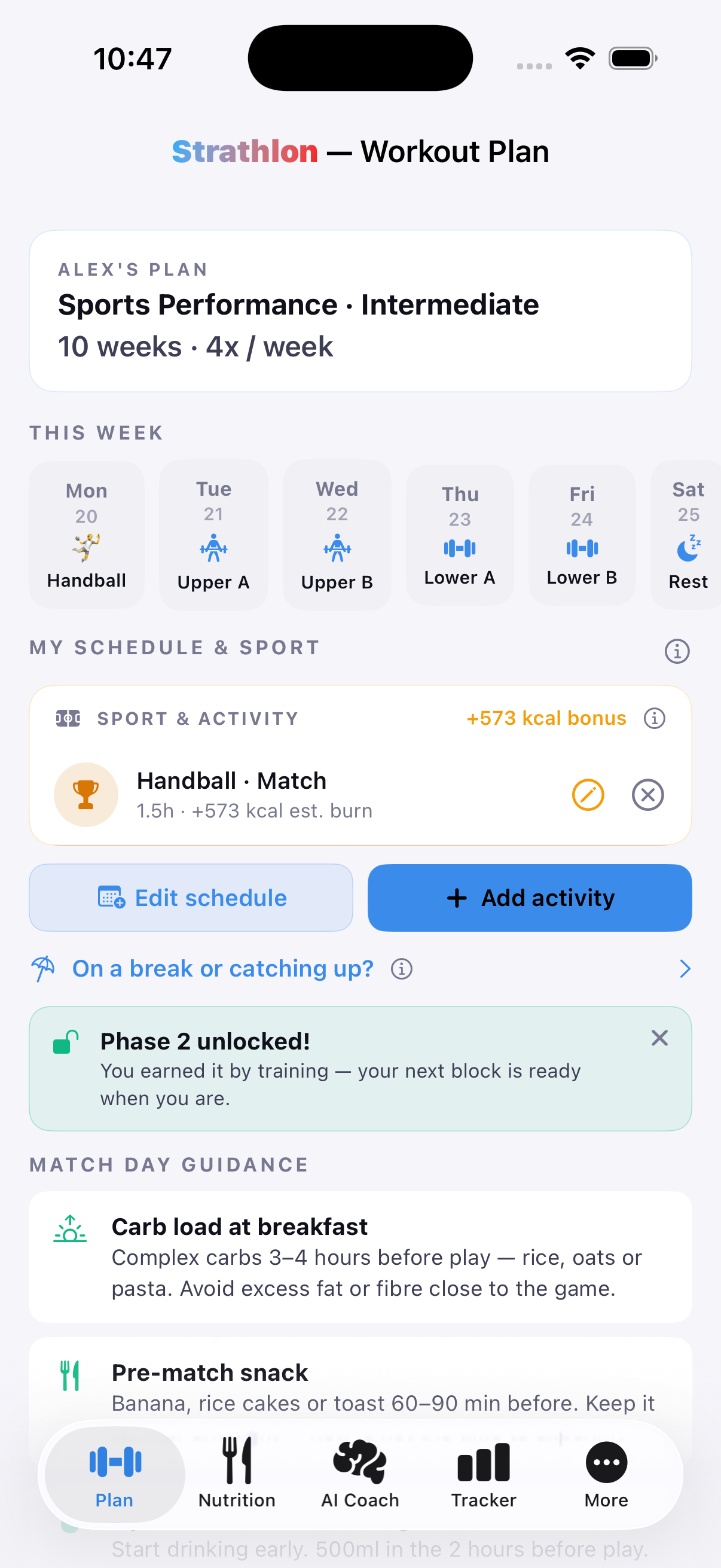 Strathlon's Plan tab showing a handball session scheduled in the week's training