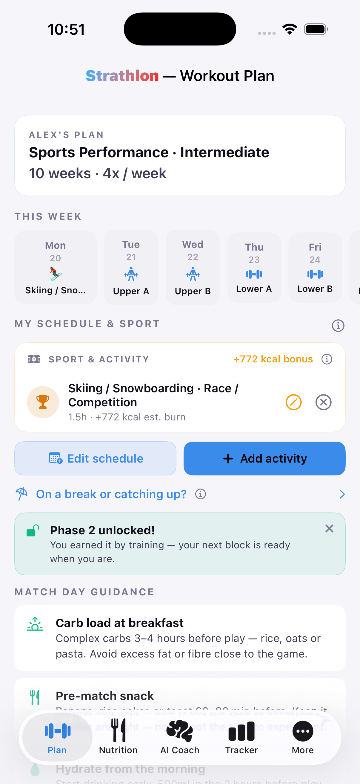 Strathlon's Plan tab with a skiing session scheduled alongside the week's gym training days