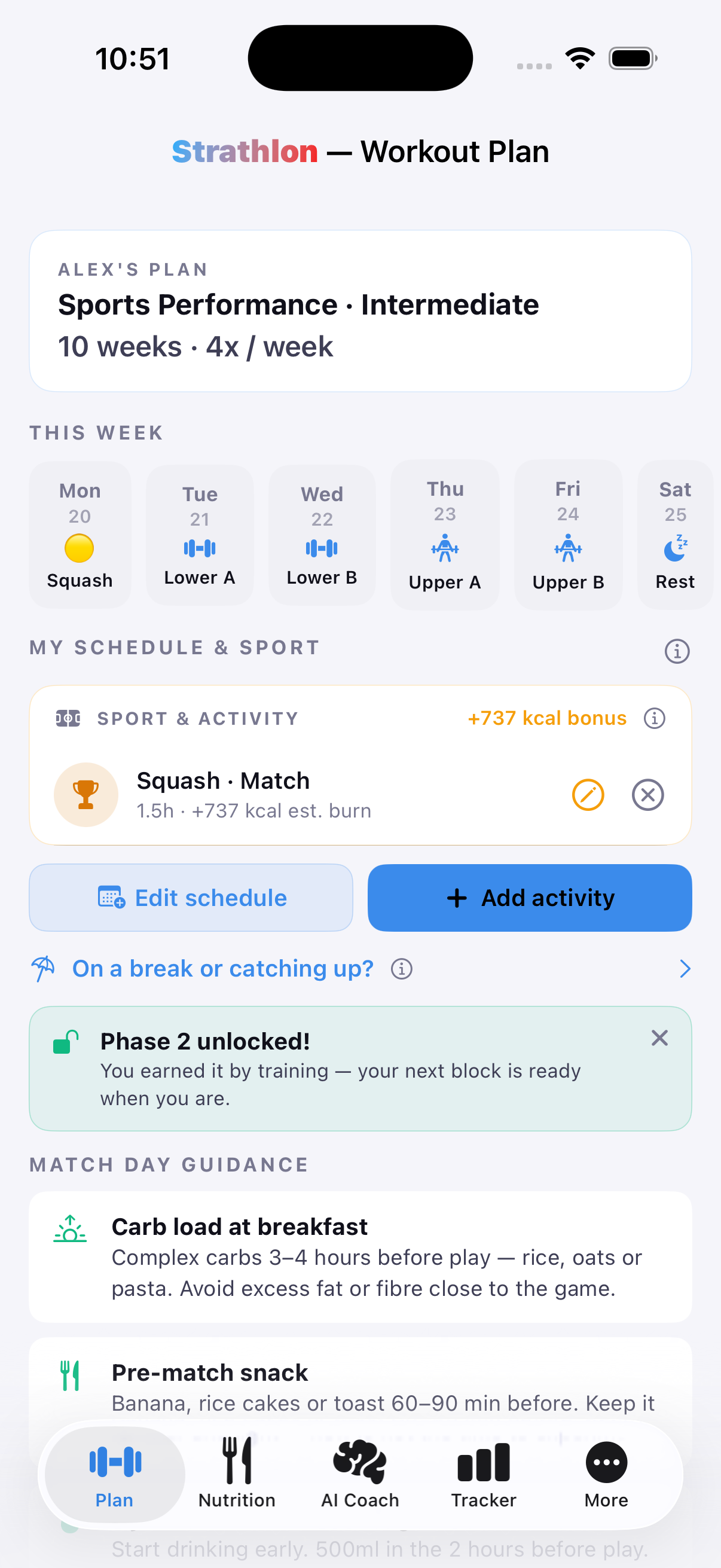 Strathlon's Plan tab with a squash session scheduled alongside the week's gym training days