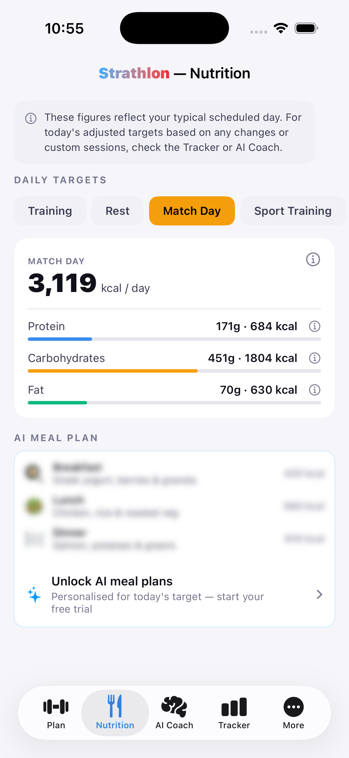 Strathlon's Nutrition tab showing Wrestling match-day calorie and macro targets