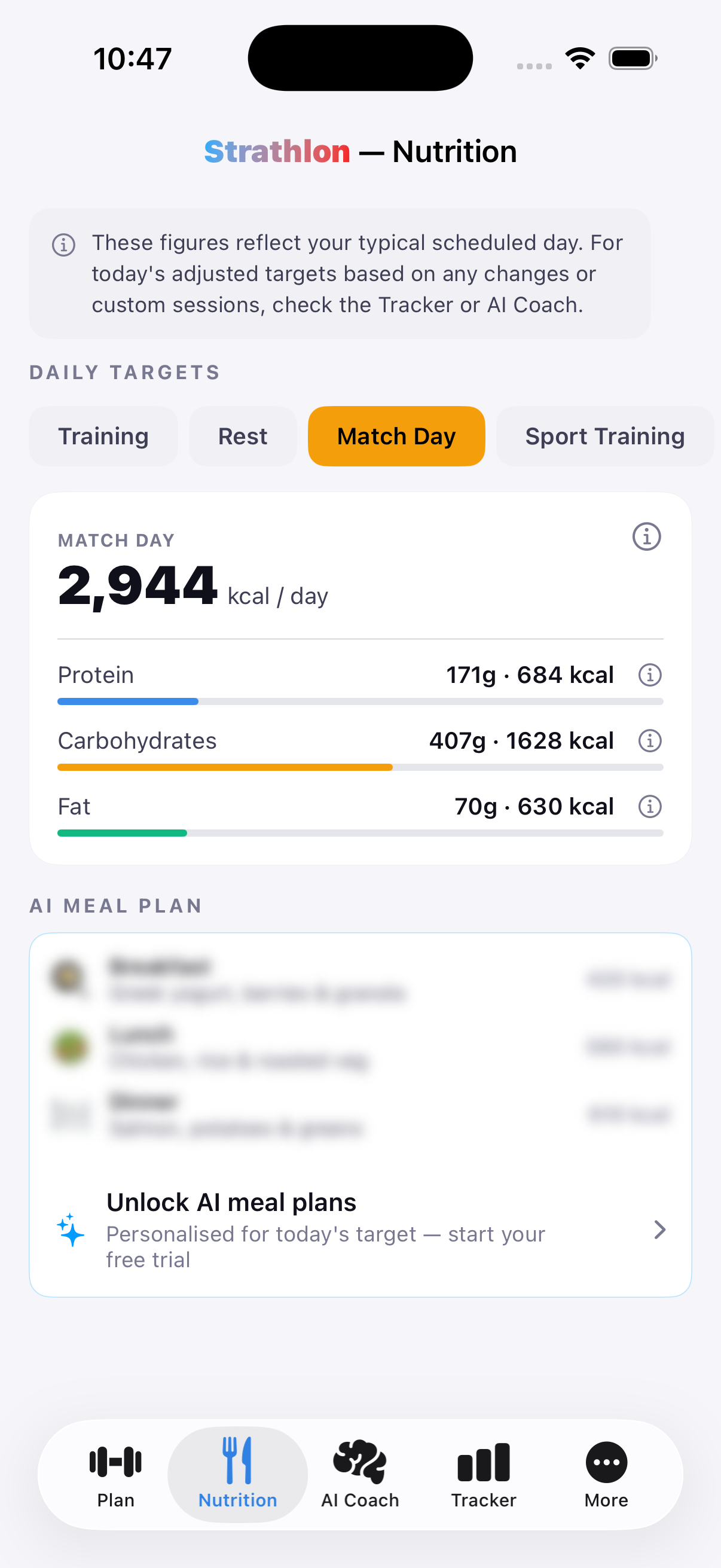 Strathlon's Nutrition tab showing calorie and macro targets for a handball day