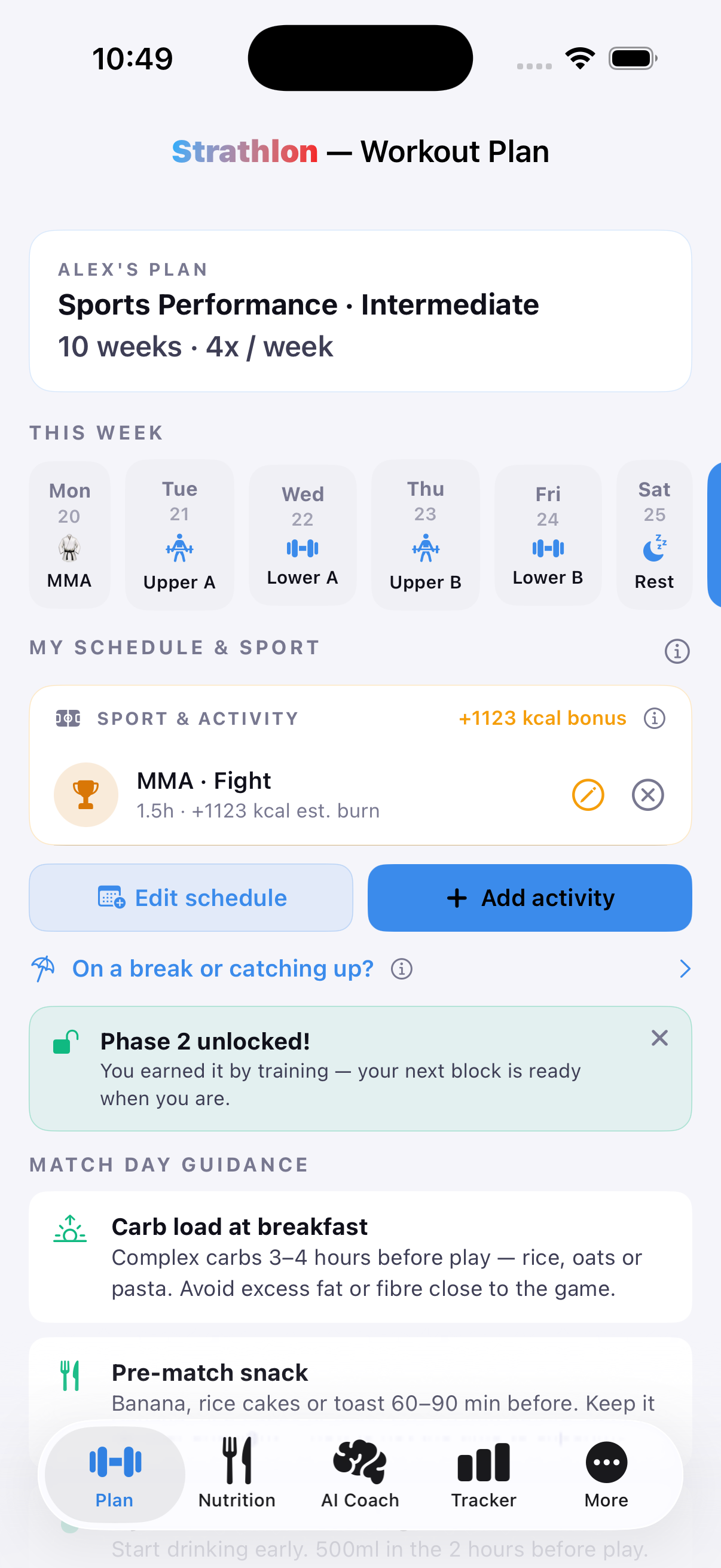Strathlon's Plan tab with an MMA session scheduled, showing its estimated calorie burn for the day