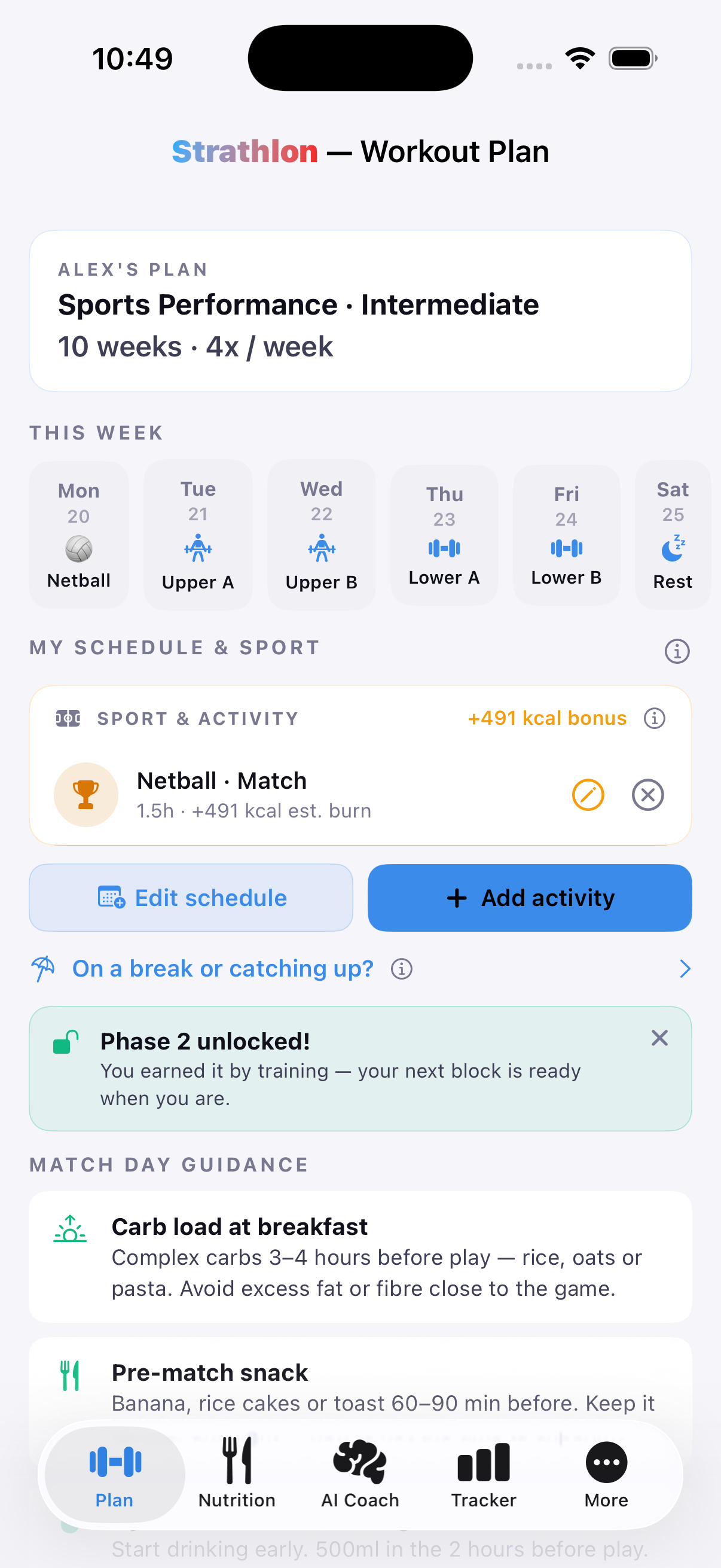 Strathlon's Plan tab with a netball session scheduled, showing its estimated calorie burn for the day