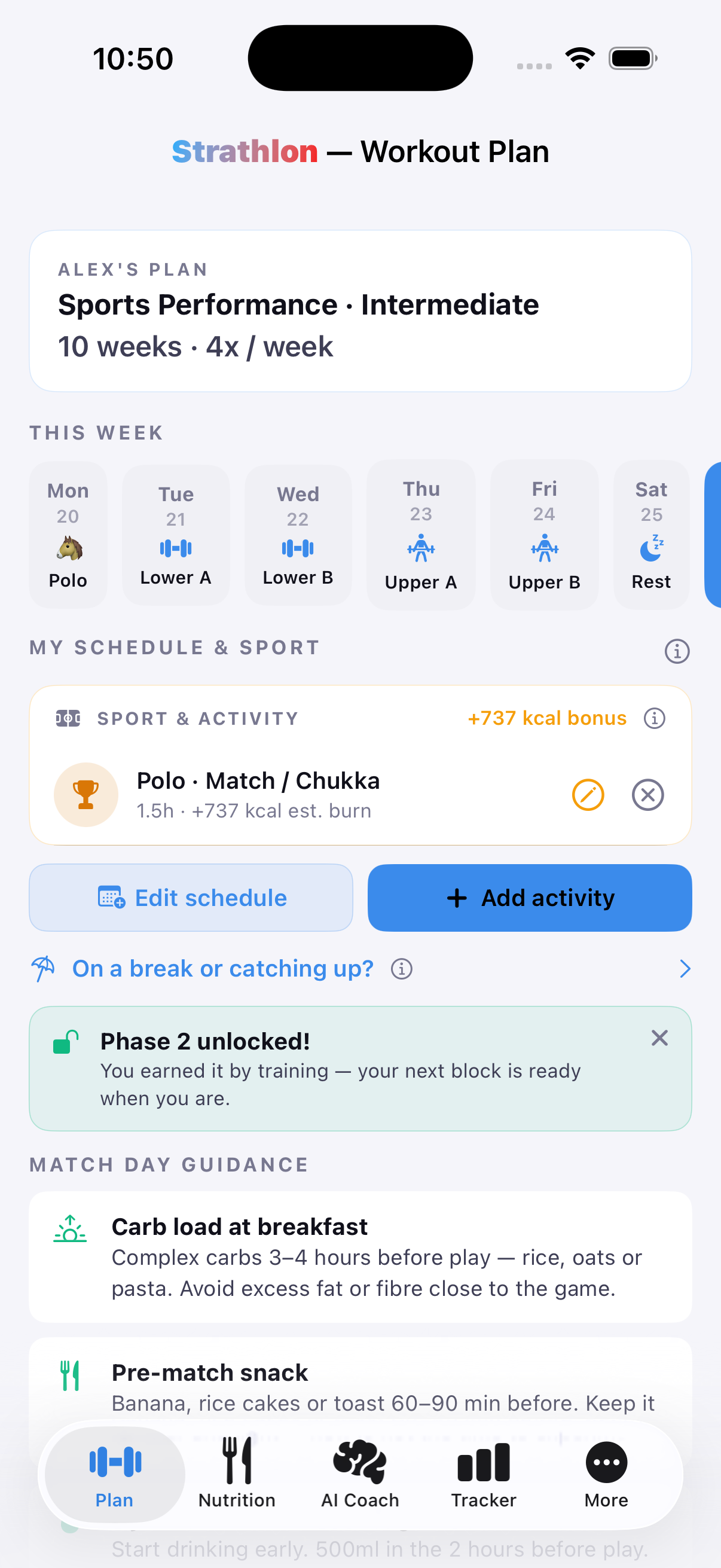 Strathlon's Plan tab with a polo session scheduled, showing its estimated calorie burn for the day