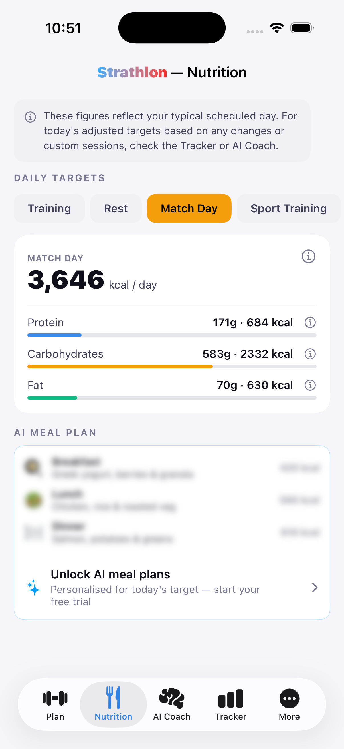 Strathlon's Nutrition tab showing the day's calorie and macro targets lifted for a running day