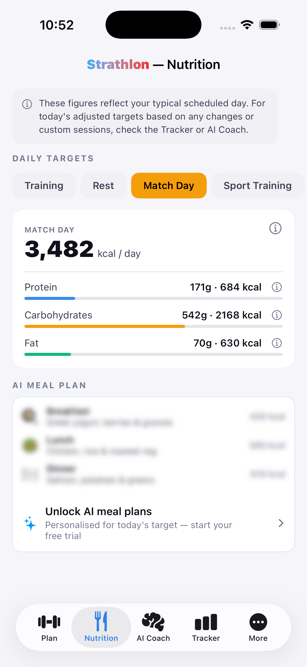 Strathlon's Nutrition tab showing the day's calorie and macro targets lifted for a swimming day