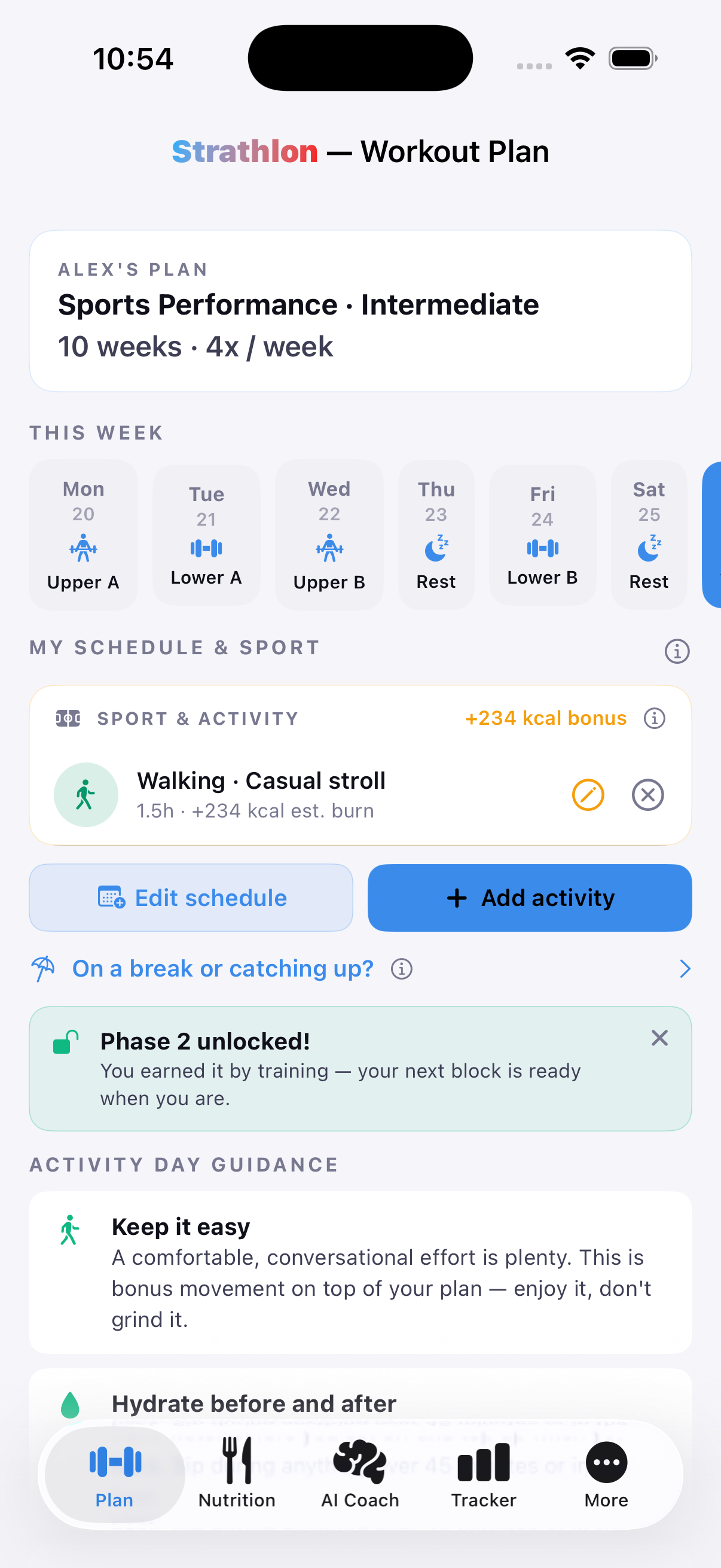 Strathlon's Plan tab with a Walking session scheduled, showing its estimated calorie burn for the day